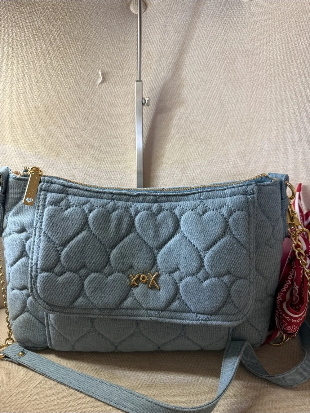 Betsey Johnson Quilted Heart Jeans Shoulder Bag in Light Blue with Bandana Charm